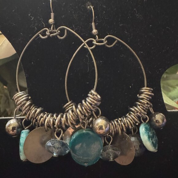 Hoop Earrings with Turquoise Beads - Picture 1 of 4